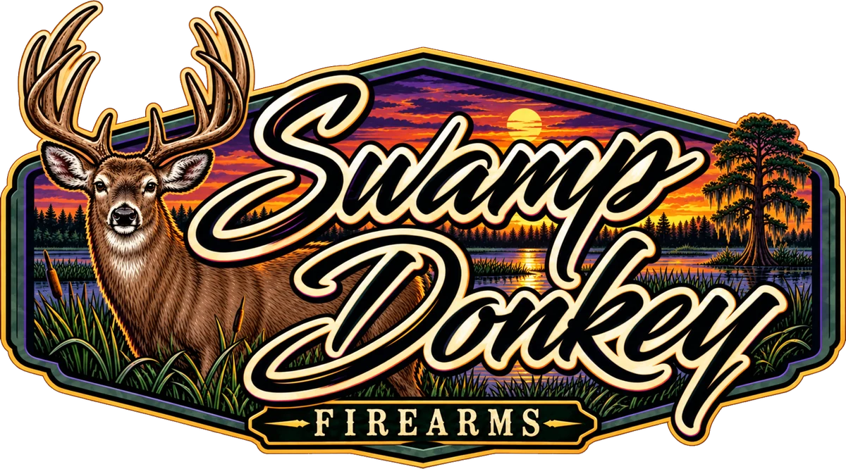 Swamp Donkey Firearms logo: a whitetail buck in front of a Florida swamp at sunset